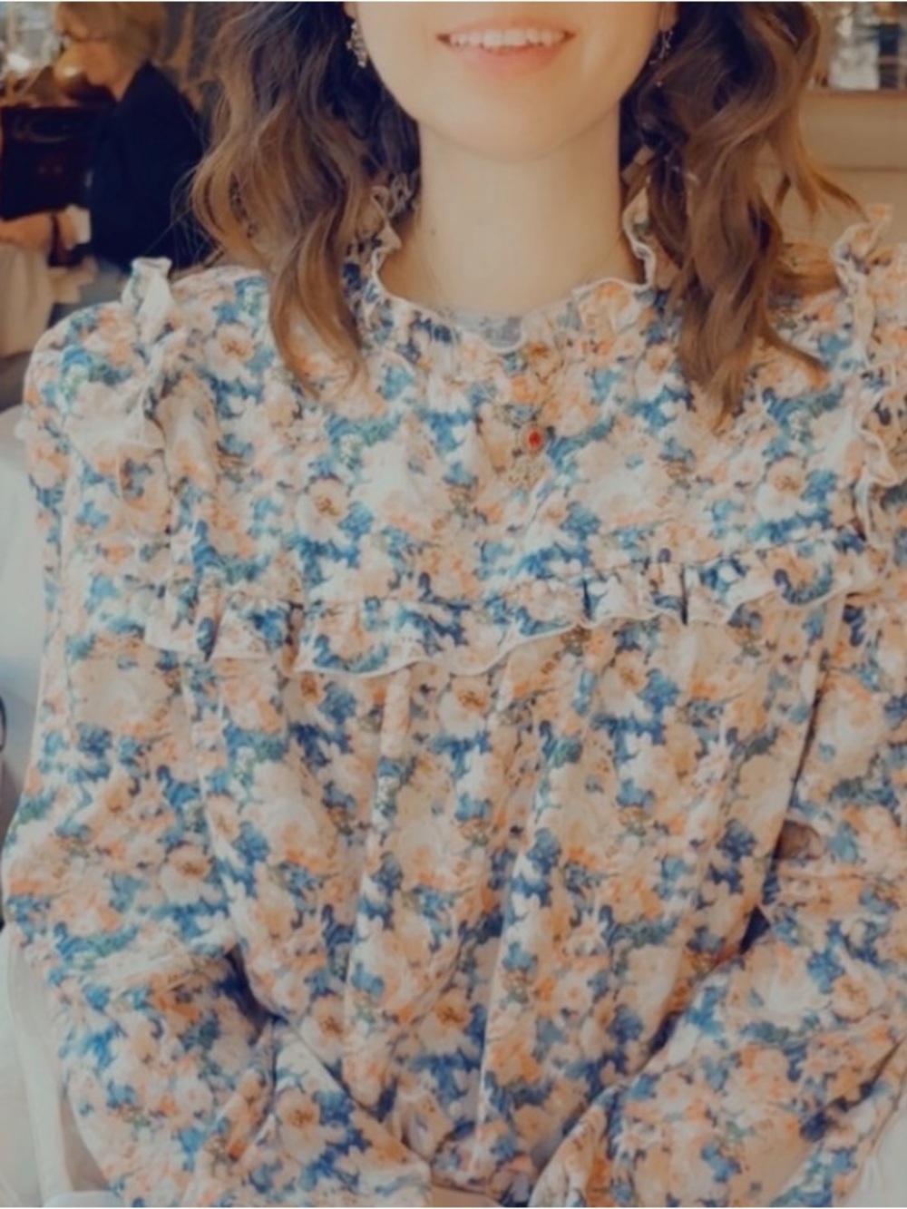 Floral Ruffle-Trim Long Sleeve Blouse - Peach & Navy